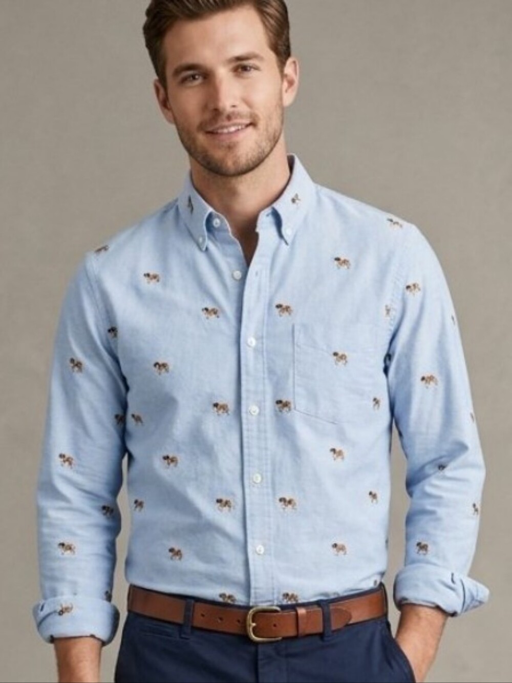 J. Crew Light Blue Oxford Button-Down Shirt with Saint Bernard Embroidery Medium
